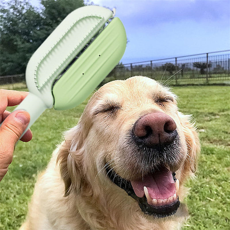 "3-in-1 pet grooming brush with self-cleaning massage comb and floating hair removal feature, includes water tank for easy fur removal."