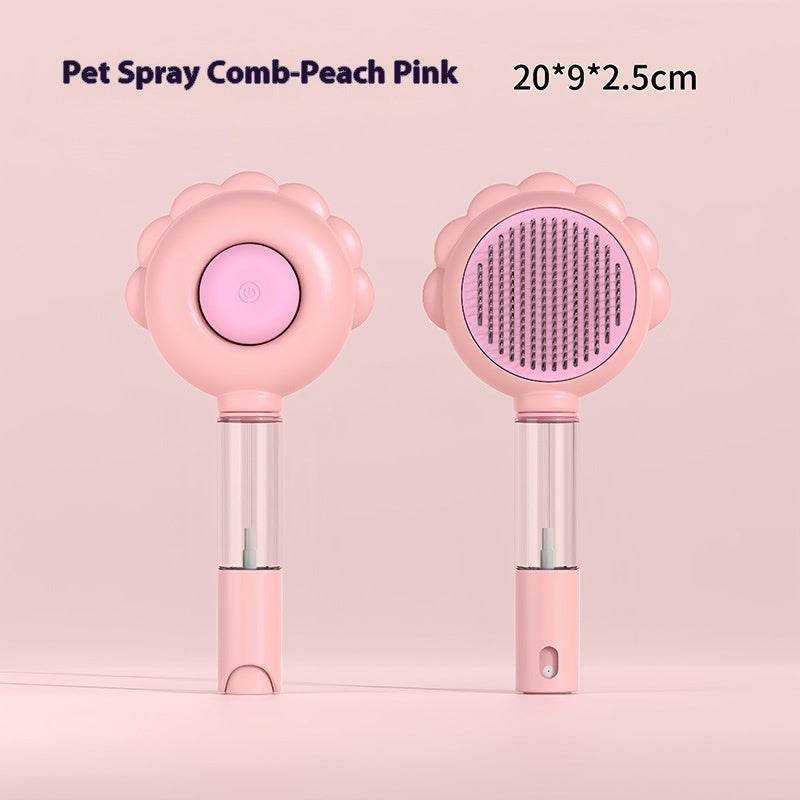 "Dual-action self-cleaning pet brush with spray for effective grooming and loose hair removal, ensuring pets' coats stay clean, tangle-free, and well-maintained."